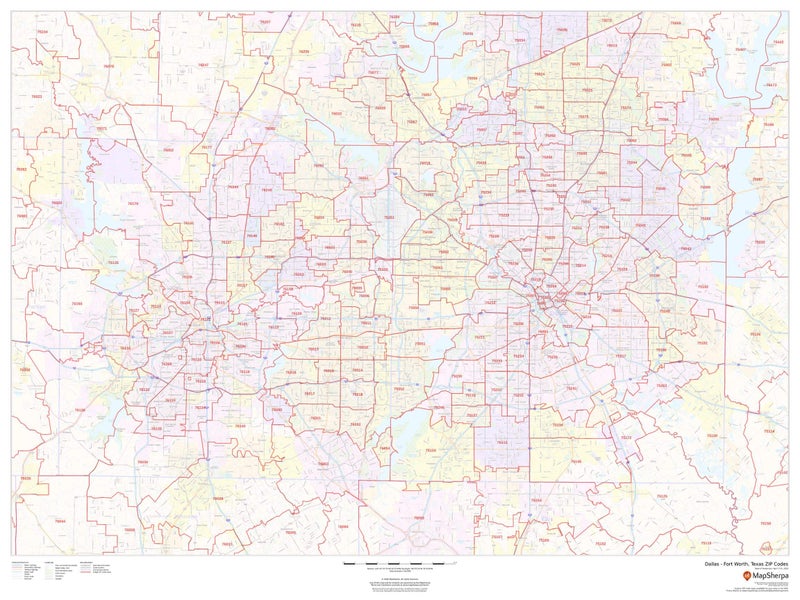 MapSherpa Dallas - Fort Worth, Texas Zip Codes - 48" x 36" Paper Wall Map - Image 1